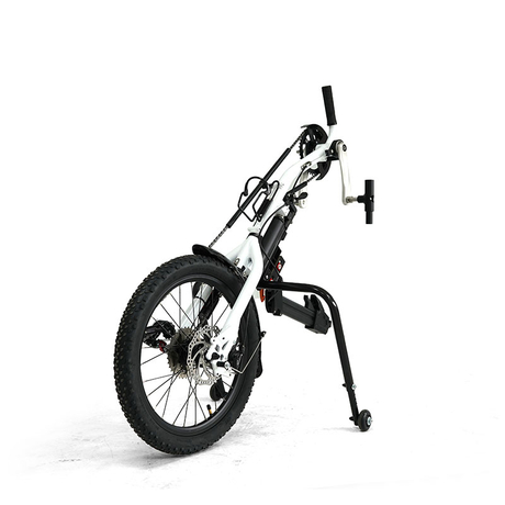 hand cranked wheelchair trailer with electric assistance and manual wheelchair front